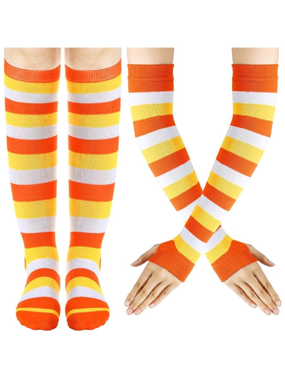 New Candy Corn Color Striped Knee Socks And Arm Warmer Set,